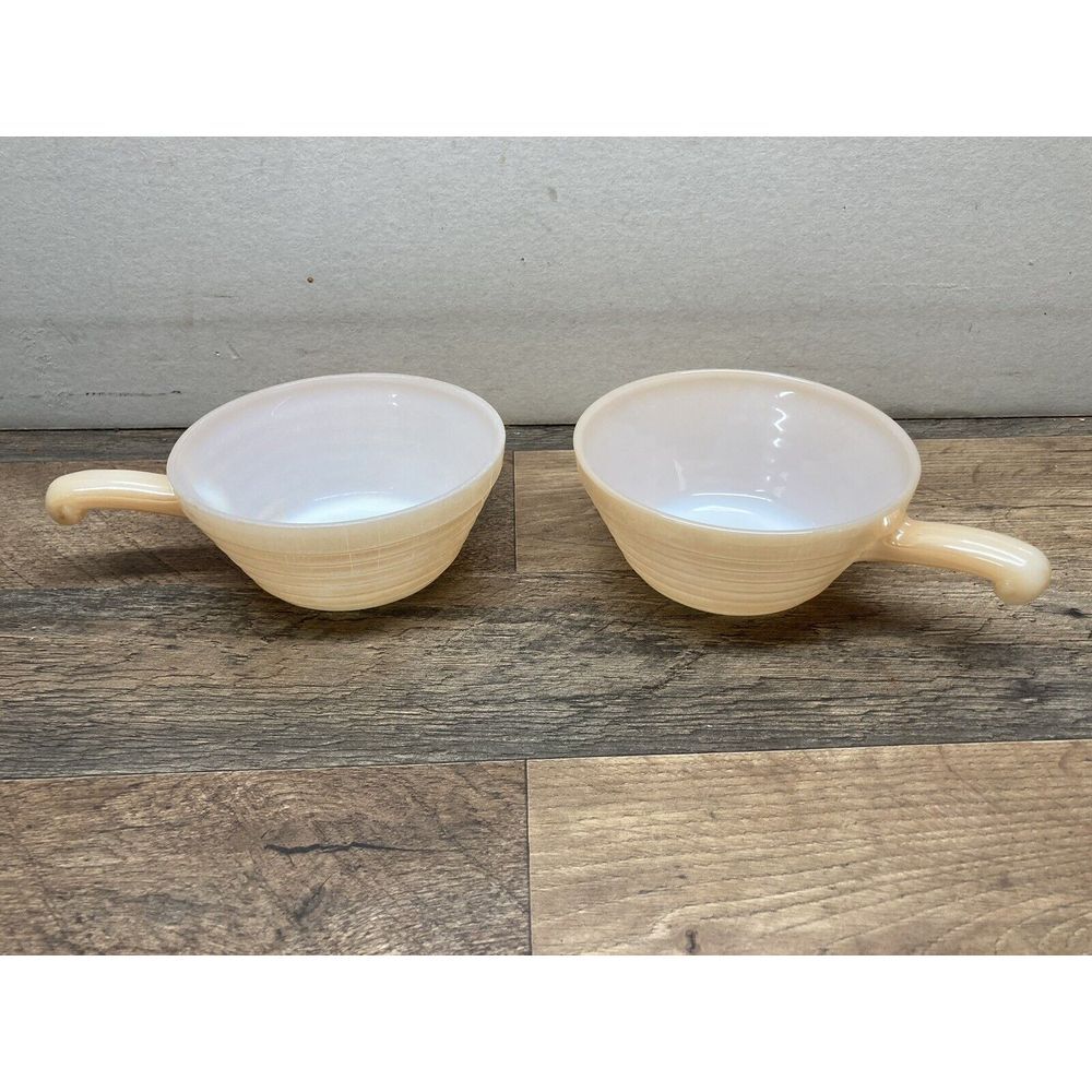 2 Fire King Peach Milk Glass Bowl with Handle Oven Ware USA #18